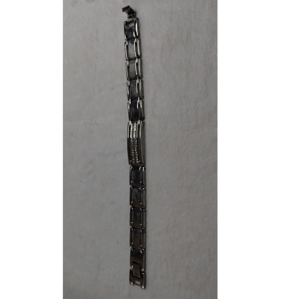 Mens Silver Tone Goth Y2K‎ Link Bracelet Rhinestone Crystal Bar Rectangular